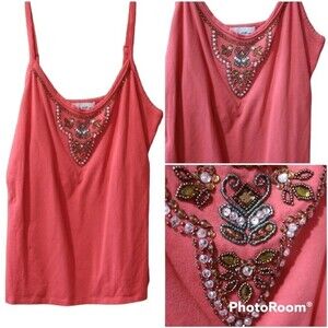 Telluride Women’s Orange Coral Beaded Tank Top Large Y2K Shelf Bra Festival Wear